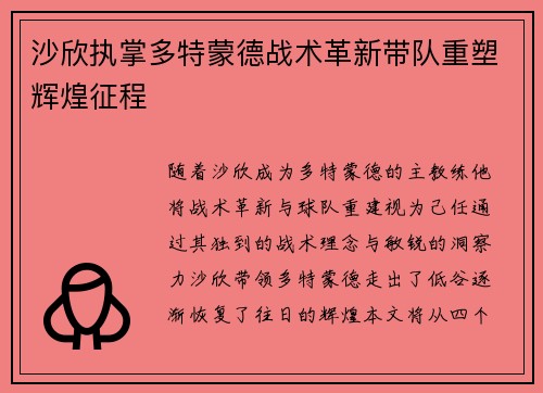沙欣执掌多特蒙德战术革新带队重塑辉煌征程